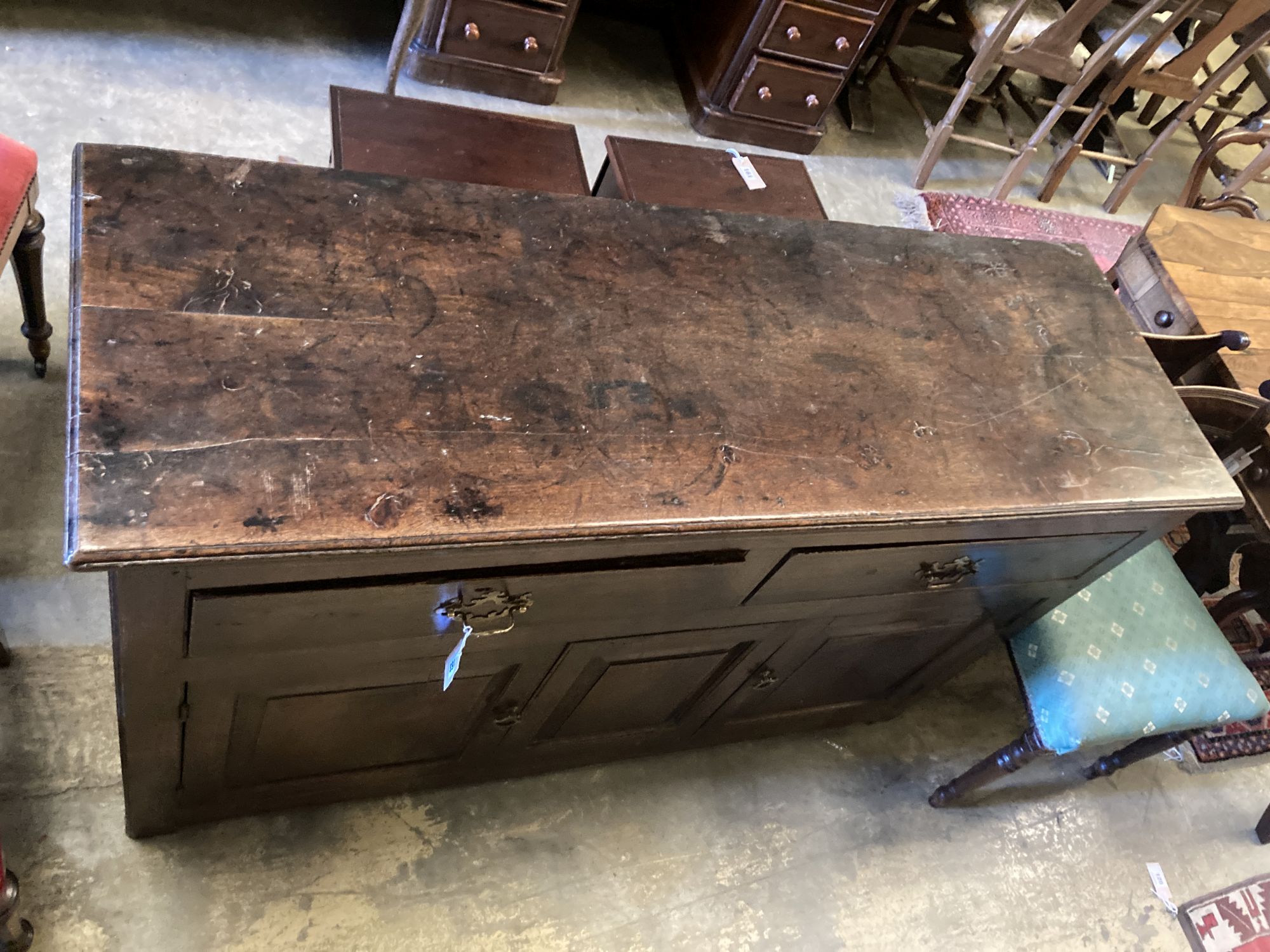 An 18th century oak dresser base, width 142cm, depth 48cm, height 87cm